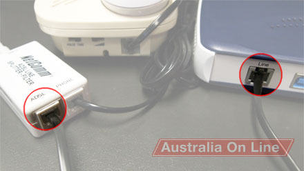 If using a splitter, connect a telephone cable to the ADSL modem's 'Line' socket (the leftmost socket) and the splitter's 'ADSL' socket. 