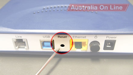 The 'Reset' button on an NB6 is in a recessed hole between the 'USB' and 'Ethernet' sockets. 