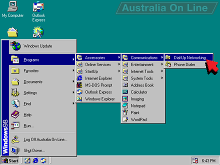 Start menu with Dial-up Networking highlighted. 