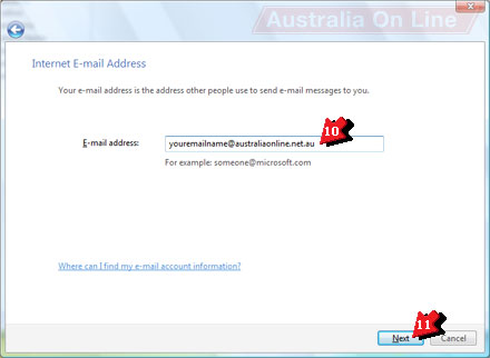Windows Mail 'Internet E-mail Address' with 'E-mail address' highlighted. 