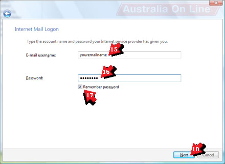 Windows Mail 'Internet Mail Logon' with 'E-mail username' and 'Password' highlighted. 