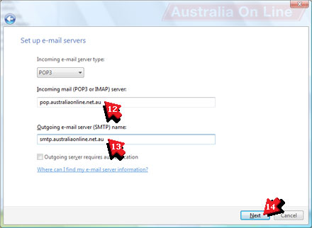 Windows Mail 'Set up e-mail servers' with 'Incoming mail' and 'Outgoing e-mail' servers highlighted. 