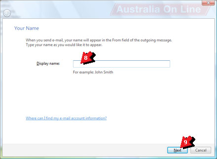Windows Mail 'Your Name' with 'Display name' highlighted. 