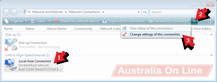 Network Connections list with 'Local Area Connection' highlighted. 