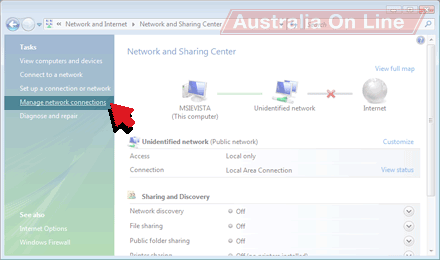 Network and Sharing Center with 'Manage network connections' highlighted. 