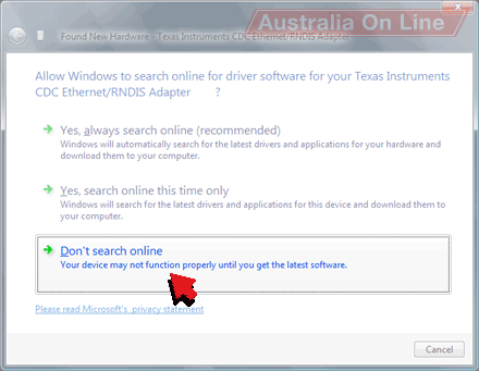 'Allow Windows to search online for driver software for your Texas Instuments CDC Ethernet/RNDIS Adapter?' window. 
