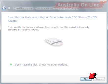 'Insert the disc that came with your Texas Instruments CDC Ethernet/RNDIS Adapter' window. 