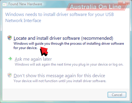 'Windows needs to install driver software for your USB Network Interface' window. 