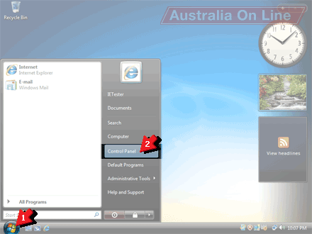 Start menu with Control Panel highlighted. 