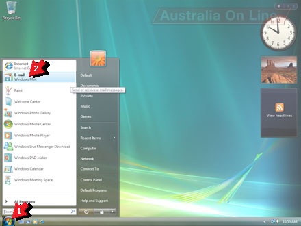 Vista Start menu with 'E-mail' highlighted. 